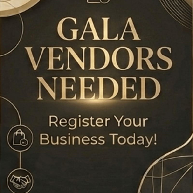 Gold text on a dark background announces "GALA VENDORS NEEDED" with icons of a shopping bag and shaking hands in the foreground, set against a backdrop of swirling, abstract golden lines.