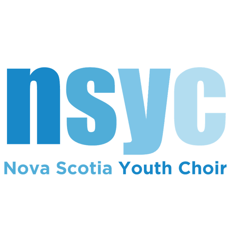 Large blue letters spelling "nsyc" are in the foreground, with "Nova Scotia Youth Choir" written below them in smaller blue text, all against a white background.