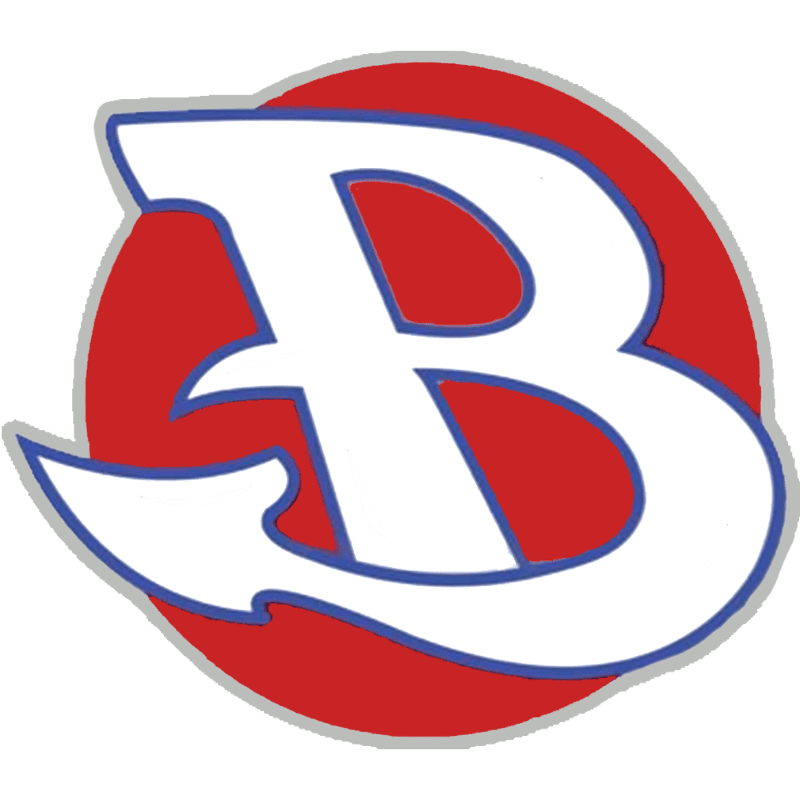 A white stylized letter "B" with a blue outline is centered on a red circle with a thin blue border.