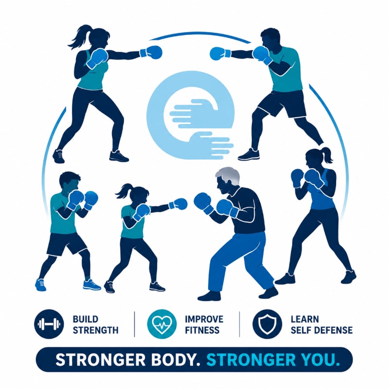 Silhouettes of people boxing in various stances surround a blue logo of hands, with icons for strength, fitness, and self-defense below, all on a light blue background.