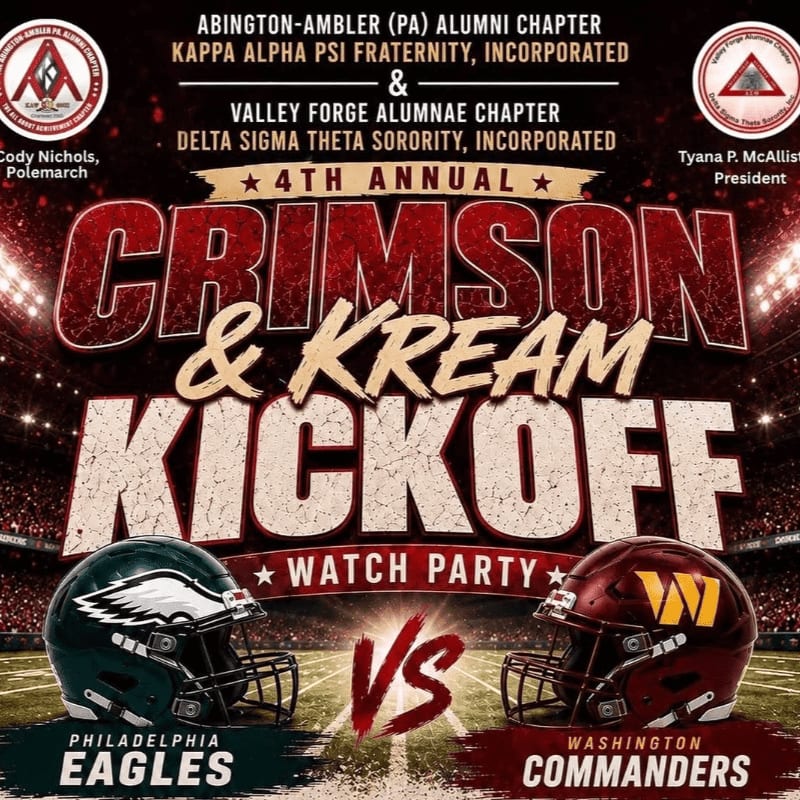 Two football helmets, one green for the Philadelphia Eagles and one burgundy for the Washington Commanders, are centered on a football field in the foreground, with a large "Crimson & Kream Kickoff Watch Party" banner and fraternity/sorority logos in the background.