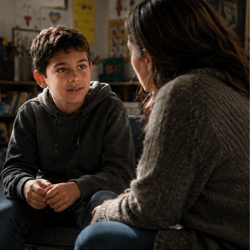 A young boy in a gray hoodie sits facing a woman in a gray sweater, with bookshelves filled with books and artwork visible in the softly lit background.