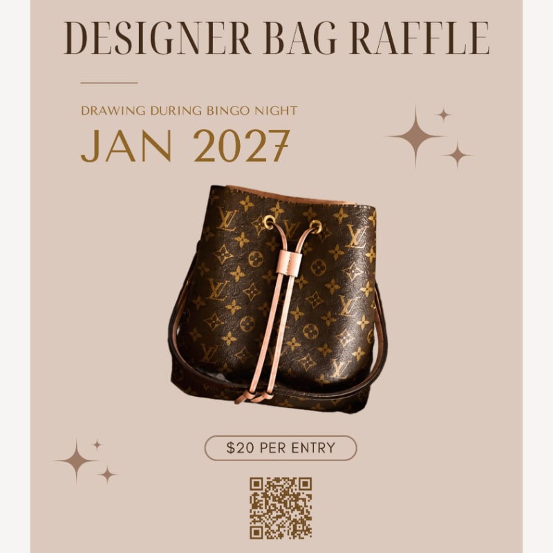 A designer Louis Vuitton bucket bag is featured in the foreground against a soft, neutral background with text announcing a raffle drawing in January 2027.