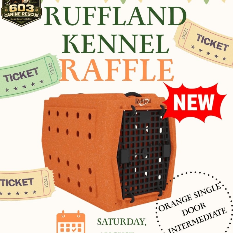 An orange Ruffland kennel is featured in the foreground with raffle tickets and event details in the background.