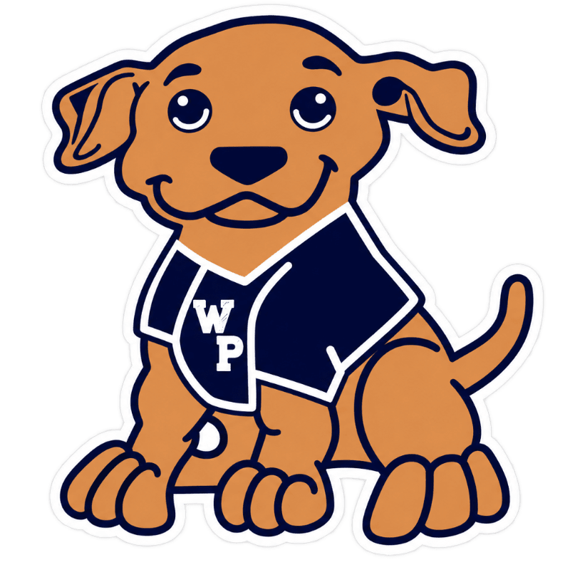 A cartoon brown puppy wearing a navy blue vest with white "WP" lettering sits in the foreground against a plain white background.