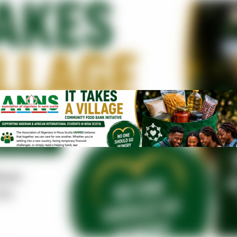 A banner for a community food bank initiative features a group of smiling young people in the foreground, with a food-filled basket and text about supporting Nigerian and African international students in Nova Scotia in the background.