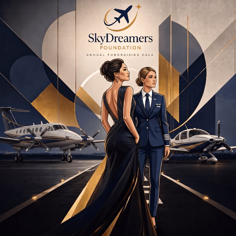 Two women, one in a formal gown and the other in a pilot's uniform, stand on an airport tarmac with small jets behind them, under a stylized logo for the SkyDreamers Foundation Annual Fundraising Gala.