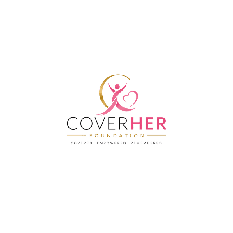 A pink ribbon forms a stylized human figure with arms raised in celebration, alongside a heart, above the text "COVERHER FOUNDATION" and the tagline "COVERED. EMPOWERED. REMEMBERED." on a white background.