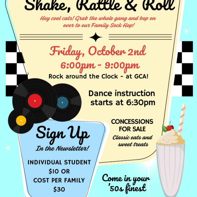 A retro-themed flyer advertises a "Family Sock Hop" with details about the event, including date, time, cost, and concessions, set against a light blue background with checkered flags and a milkshake.