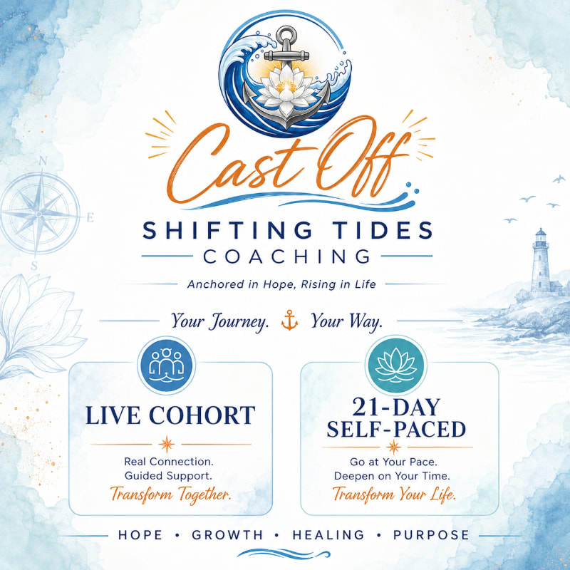 A watercolor background with a lighthouse and waves frames the "Cast Off Shifting Tides Coaching" logo and two service options, "Live Cohort" and "21-Day Self-Paced," in the foreground.