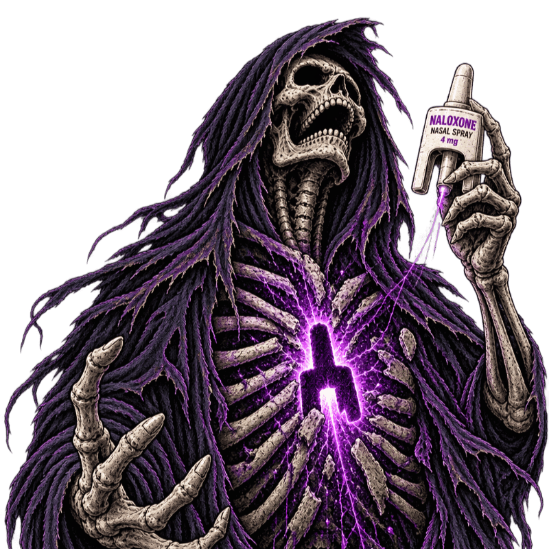 A skeletal figure in a tattered purple robe holds a naloxone nasal spray while a glowing purple cross emanates from its chest against a white background.