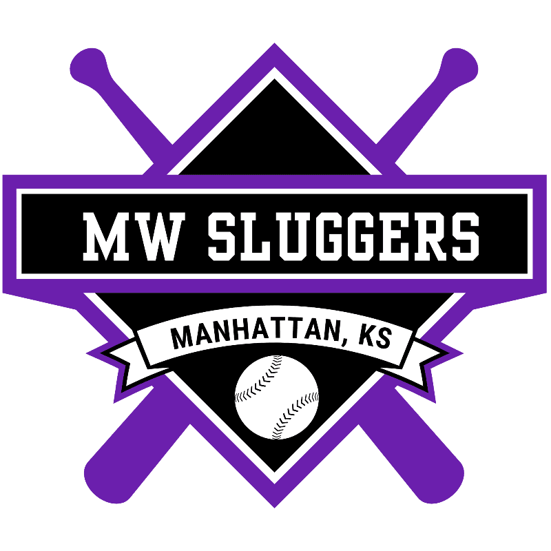 Purple baseball bats cross behind a black and purple diamond logo with "MW SLUGGERS" in white text on a purple banner and "MANHATTAN, KS" above a baseball.