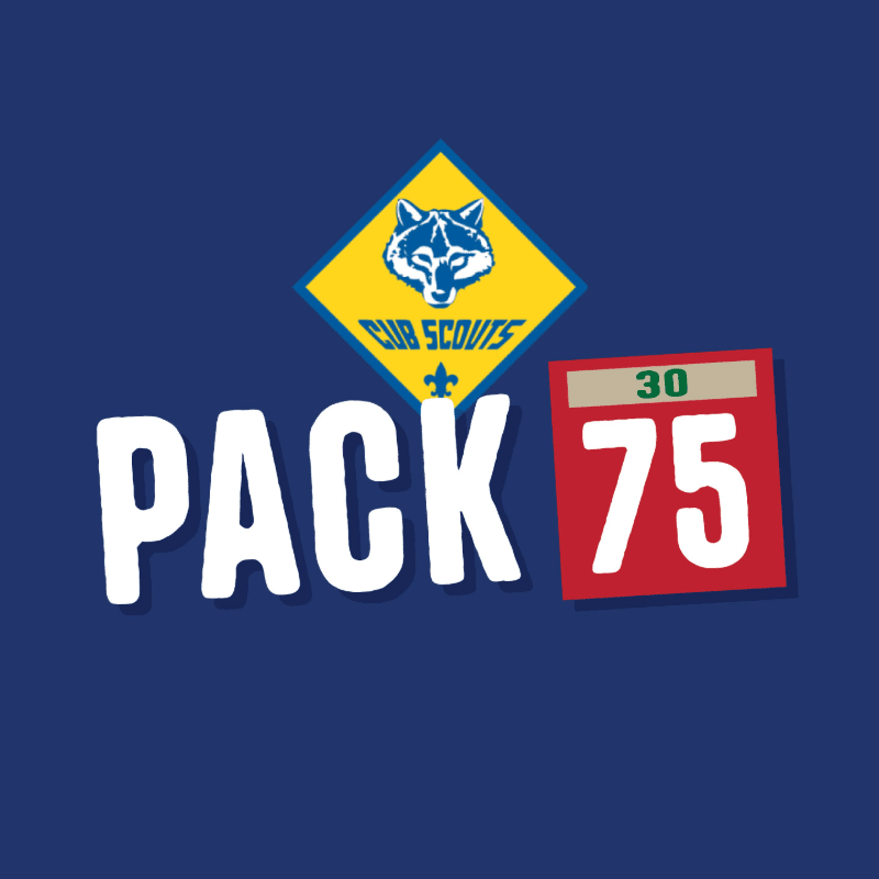 A blue background frames the white text "PACK" in the foreground, with a red square containing "75" and a Cub Scouts logo above it.