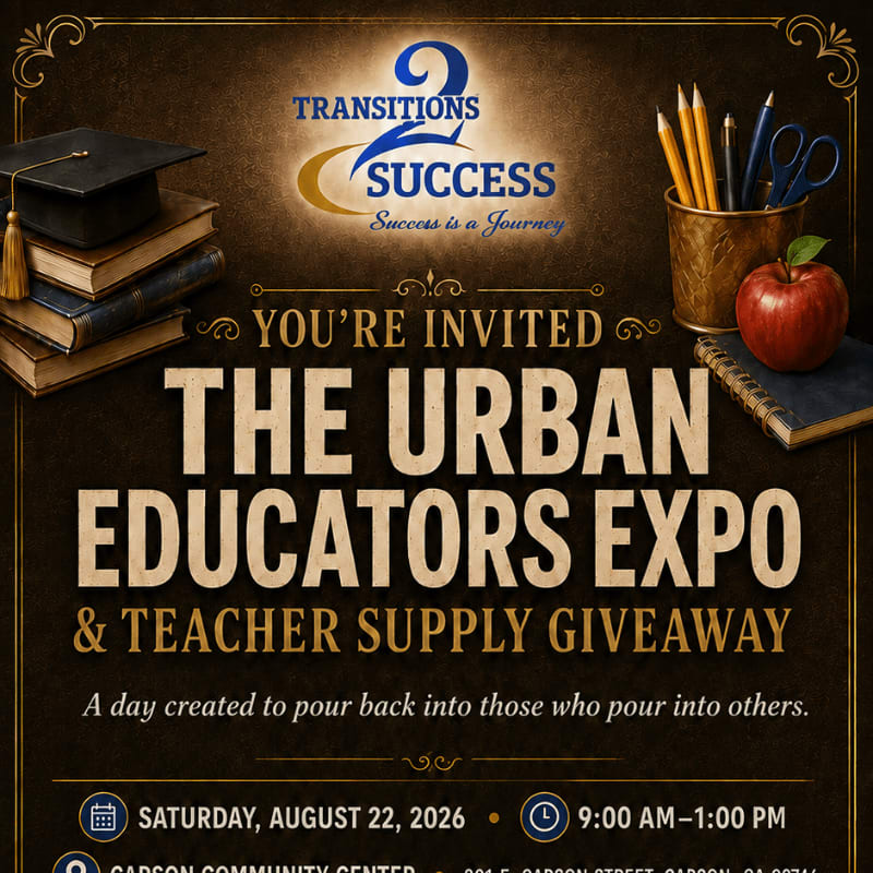 A graduation cap and books sit in the foreground, while the background features an invitation to "The Urban Educators Expo & Teacher Supply Giveaway" with school supplies and an apple.