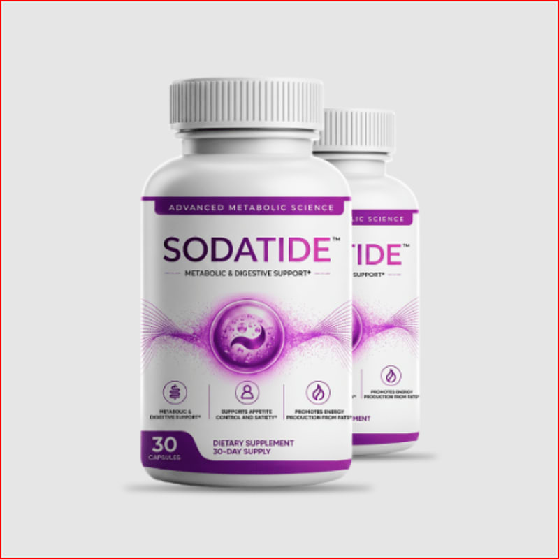 Two white bottles of "SODATIDE" dietary supplement with purple labels are in the foreground against a plain gray background.