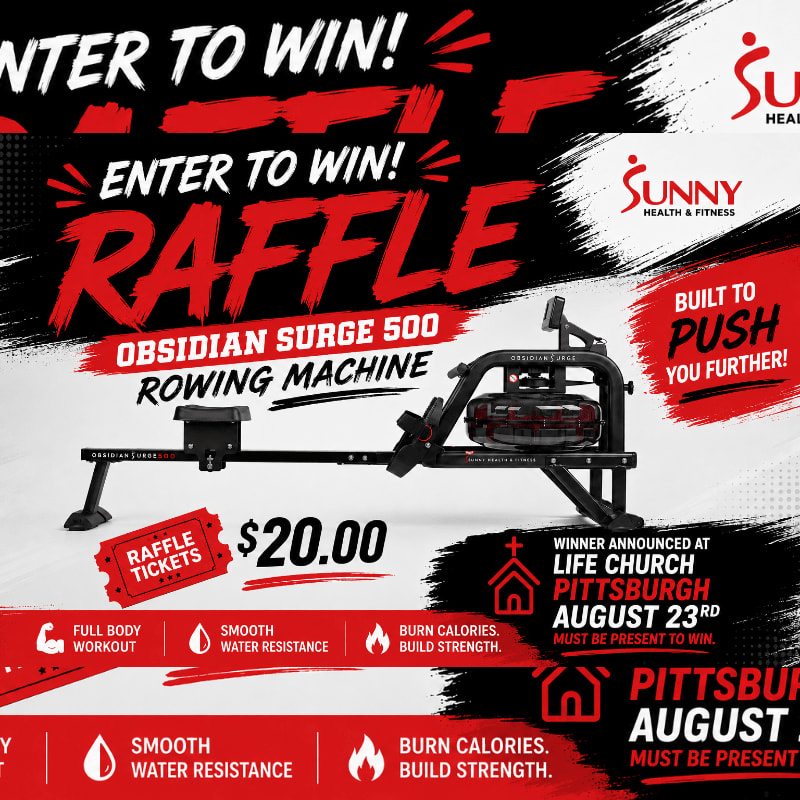 A black rowing machine is prominently displayed in the foreground against a dynamic red and black background advertising a raffle for the machine, with details about the prize, cost, and event location in the background.