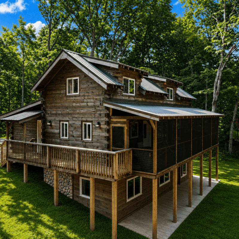 A rustic log cabin with a wooden deck and screened porch sits nestled among lush green trees under a bright blue sky.