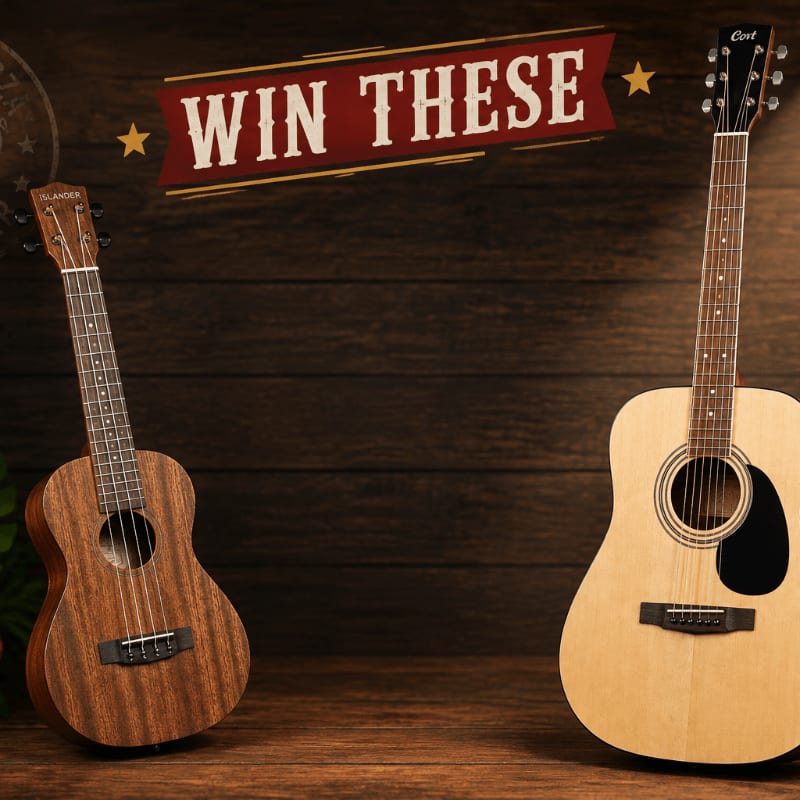 A ukulele and a guitar stand on a wooden surface in front of a rustic wooden wall, with a banner proclaiming "WIN THESE" overhead.