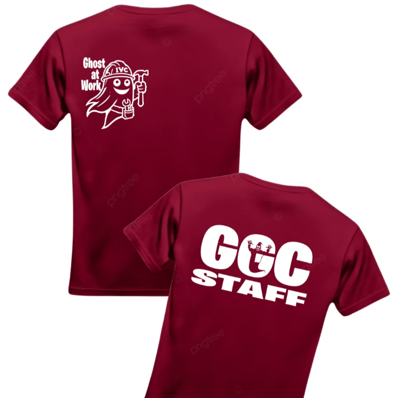 Two maroon t-shirts are displayed against a white background, with one showing a ghost character holding tools and the other displaying "GGC STAFF" in large white letters.