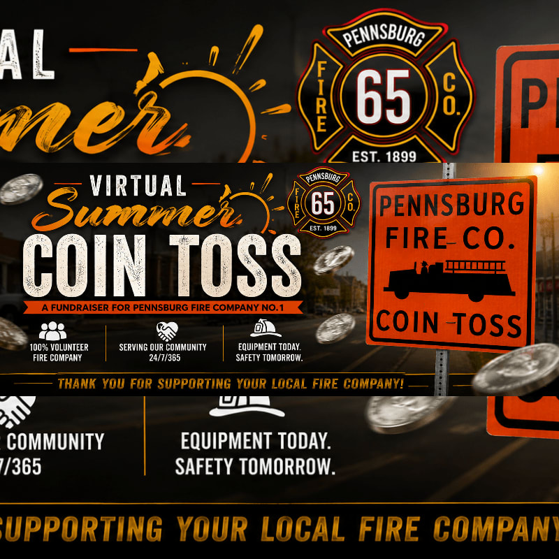 Coins are scattered across the foreground of a promotional poster for a virtual coin toss fundraiser for the Pennsburg Fire Company, with the company's logo and event details visible in the background.