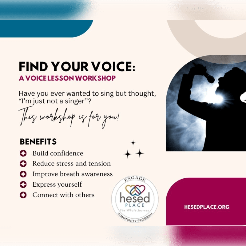 A silhouette of a singer performing on stage is in the background, while the foreground features text advertising a voice lesson workshop.