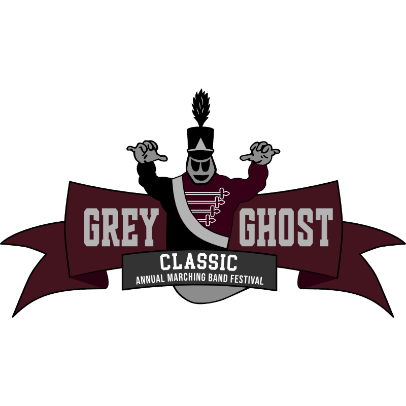 A cartoon marching band member in a grey and maroon uniform with a feathered hat stands behind a maroon banner that reads "GREY GHOST CLASSIC" with a smaller banner below that says "ANNUAL MARCHING BAND FESTIVAL" on a white background.