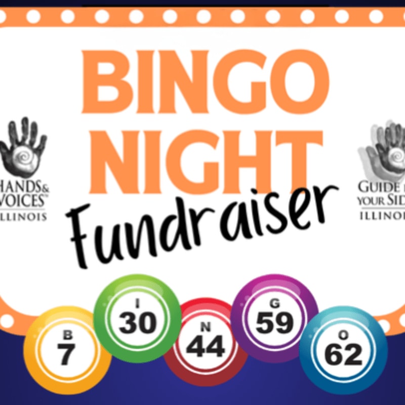 Colorful bingo balls with numbers are in the foreground, while the background features bold orange text announcing "BINGO NIGHT Fundraiser" with hand logos on either side.