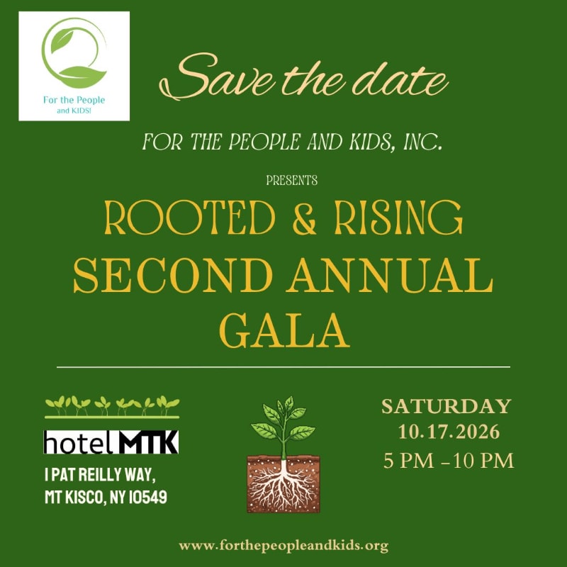 A green background with white text announces the "Rooted & Rising Second Annual Gala" for "For the People and Kids, Inc." in the foreground, featuring event details and logos.
