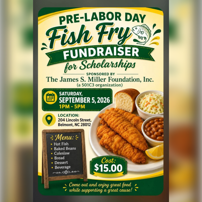 A Pre-Labor Day Fish Fry Fundraiser for Scholarships is advertised with a plate of fried fish, baked beans, coleslaw, bread, and a lemon wedge in the foreground, set against a background of event details and a stylized fish graphic.