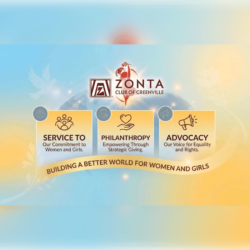 Three yellow boxes with icons and text about service, philanthropy, and advocacy are displayed against a gradient background of blue and yellow, with the Zonta Club of Greenville logo at the top.