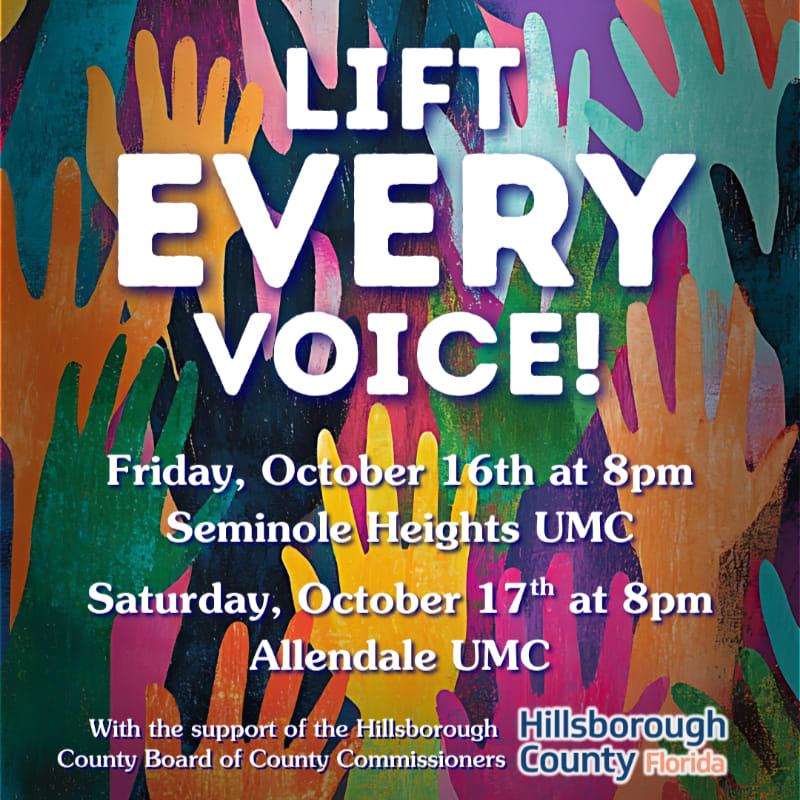 Colorful hands reach upwards in the background, framing the bold white text "LIFT EVERY VOICE!" in the foreground, with event details and sponsor logos below.