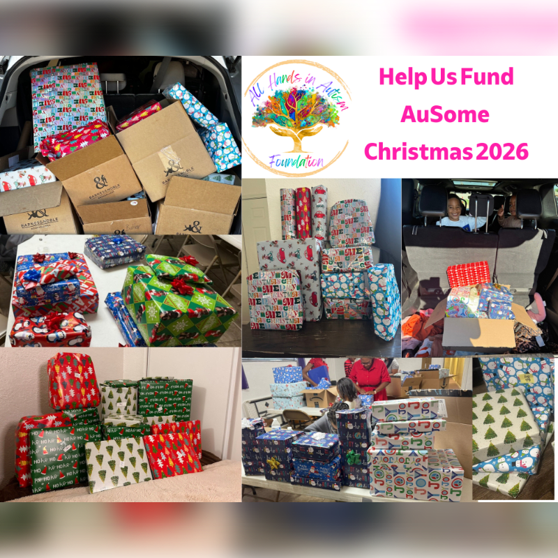 Wrapped Christmas presents fill the foreground, while the background shows a collage of images related to the "AuSome Christmas 2026" fundraising event.