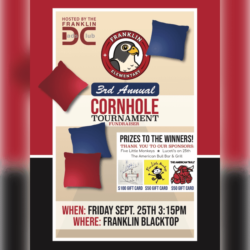 Red and blue cornhole bags are scattered around a flyer announcing the 3rd Annual Franklin Elementary Cornhole Tournament fundraiser, with sponsor logos and prize information filling the background.