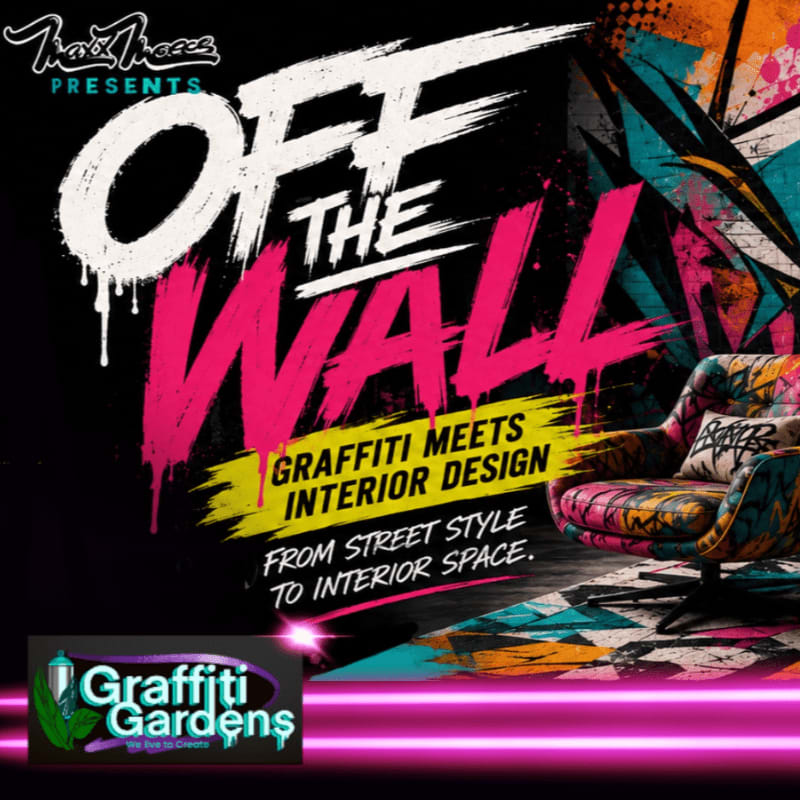 A graffiti-covered armchair sits in front of a vibrant, abstract background with bold "OFF THE WALL" lettering.