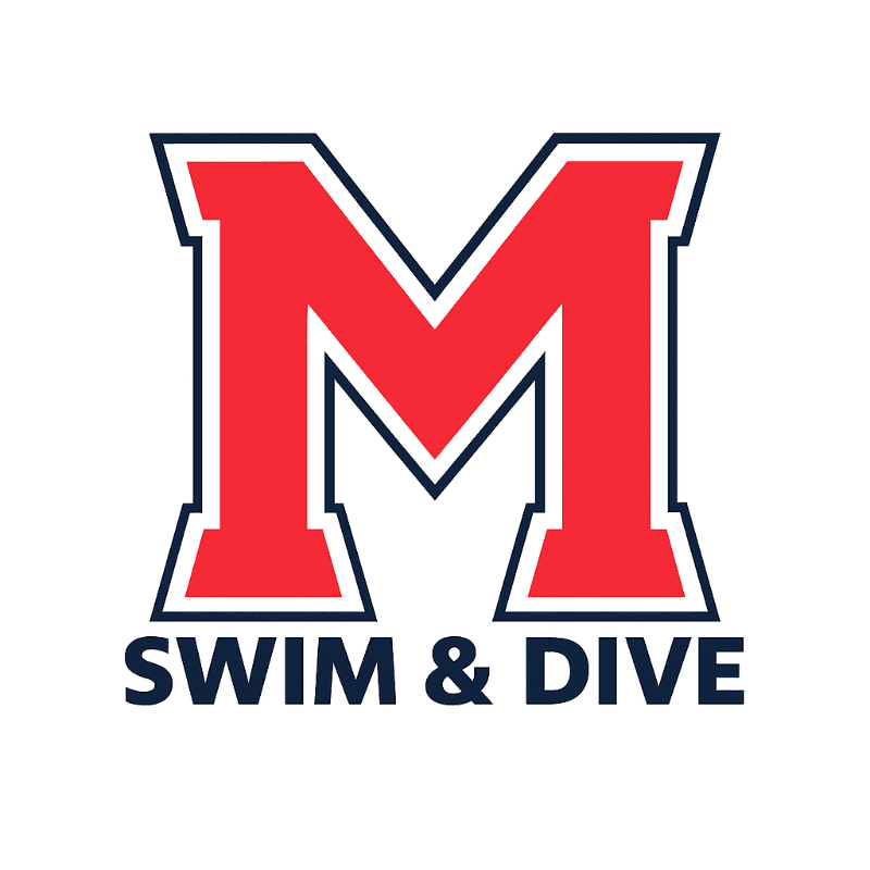 A large red letter "M" with a white outline and a navy blue border sits above the words "SWIM & DIVE" in navy blue text, all on a white background.