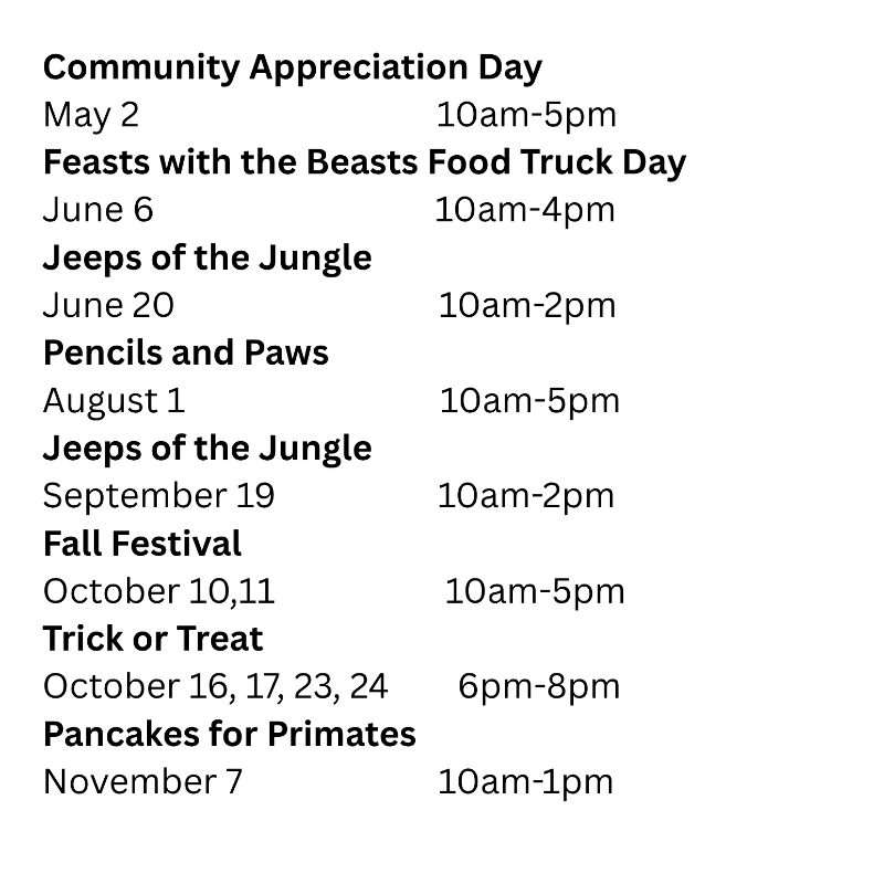 A list of events with dates and times is presented on a white background.
