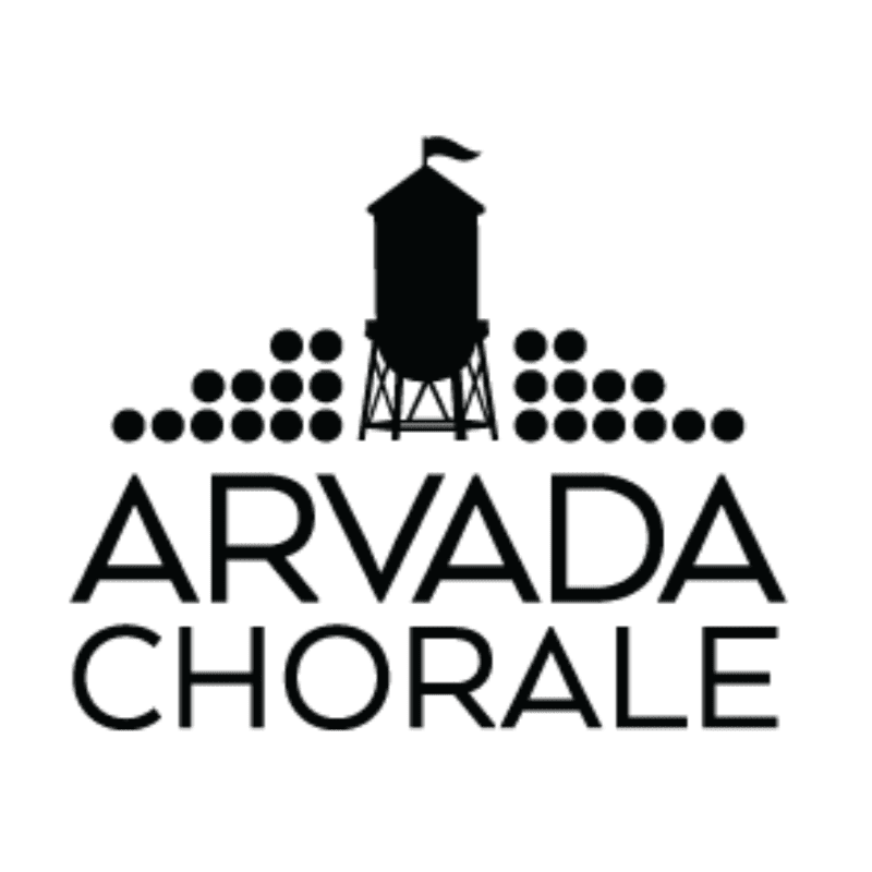 A black silhouette of a water tower and abstract buildings forms the background above the text "ARVADA CHORALE" in the foreground.