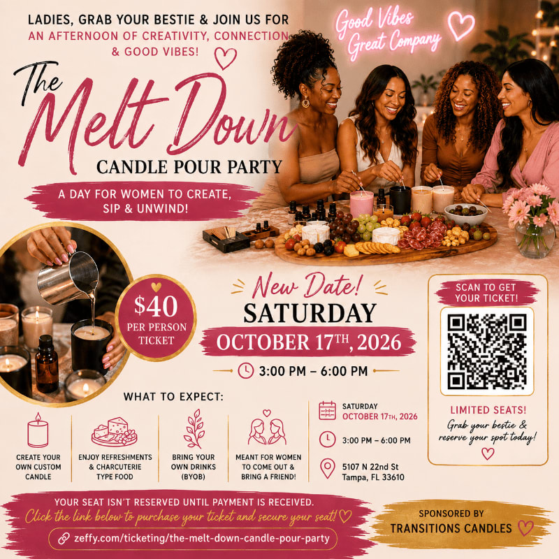 Four women are gathered around a table with candles and snacks, while the background advertises a candle-making event with event details.