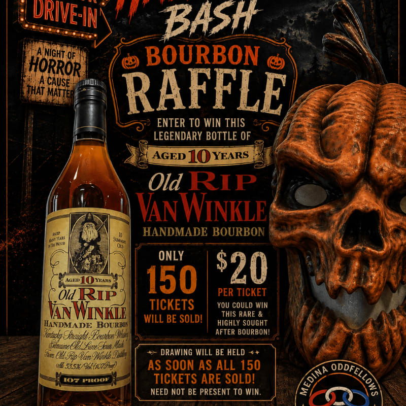 A bottle of Old Rip Van Winkle bourbon and a carved pumpkin skull are featured in the foreground, with a "Bash Bourbon Raffle" advertisement in the background.