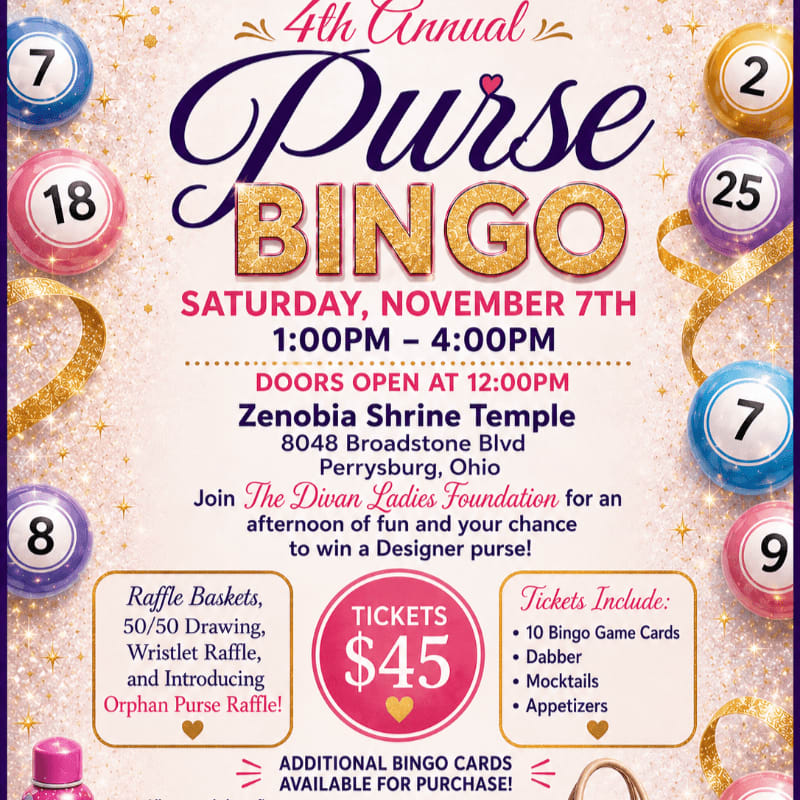 Colorful bingo balls and gold ribbons frame a flyer for the 4th Annual Purse Bingo event, which includes details about tickets, raffles, and location.