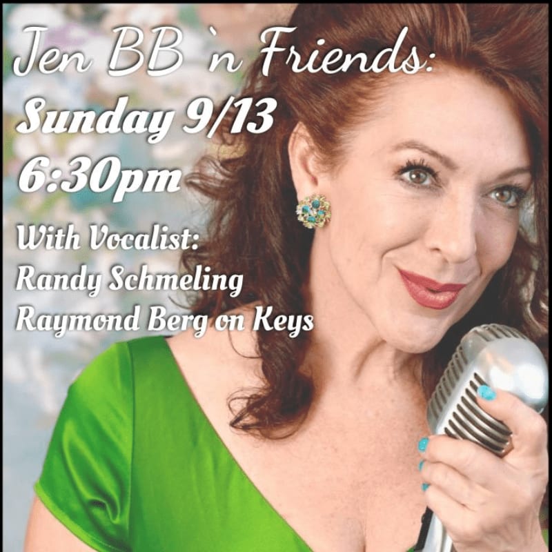 A woman in a green dress and ornate earring smiles into a vintage microphone in the foreground, with event details for "Jen BB 'n Friends" on a floral background.