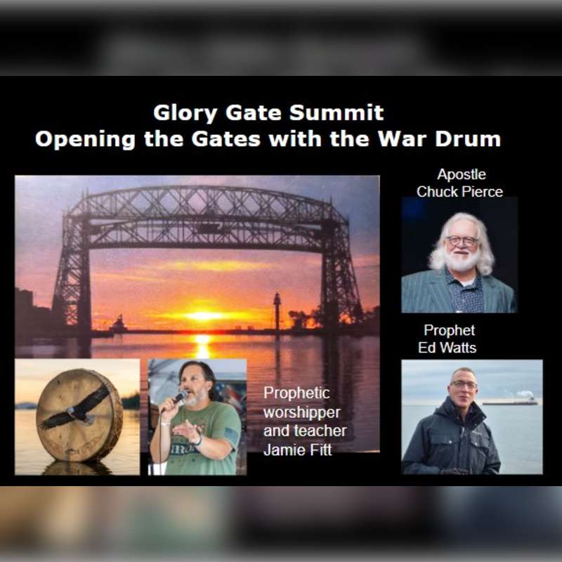 A collage features a sunset over a bridge in the background, a drum with an eagle in the foreground, and portraits of speakers.