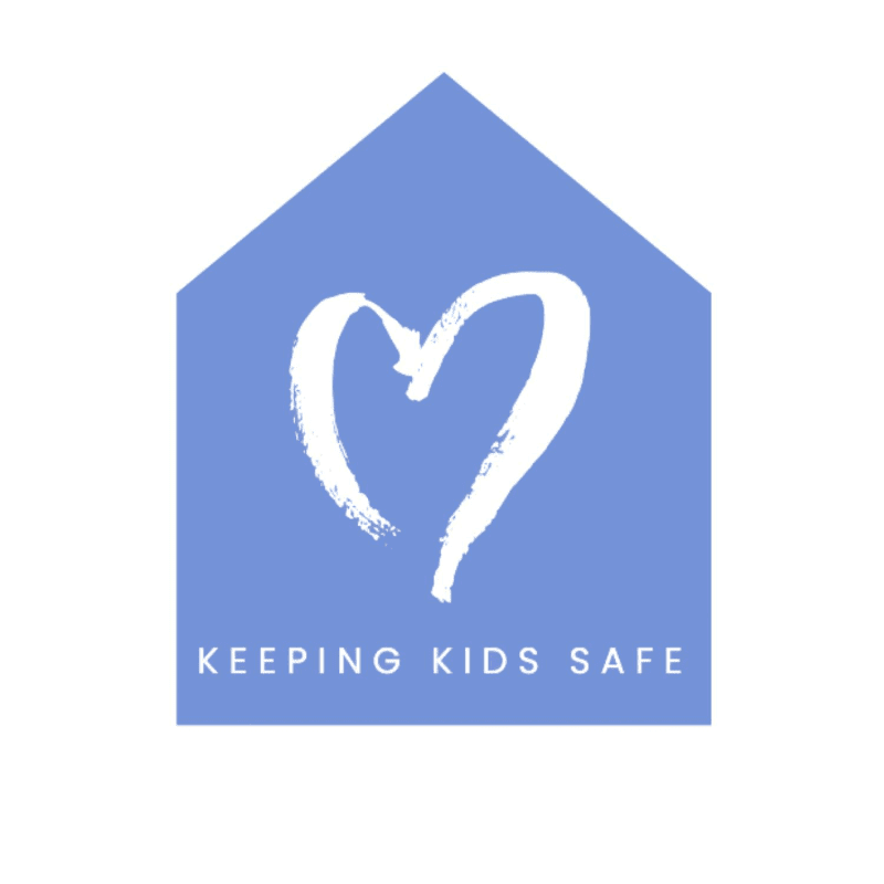 A white heart is drawn inside a blue house shape with the words "KEEPING KIDS SAFE" at the bottom.