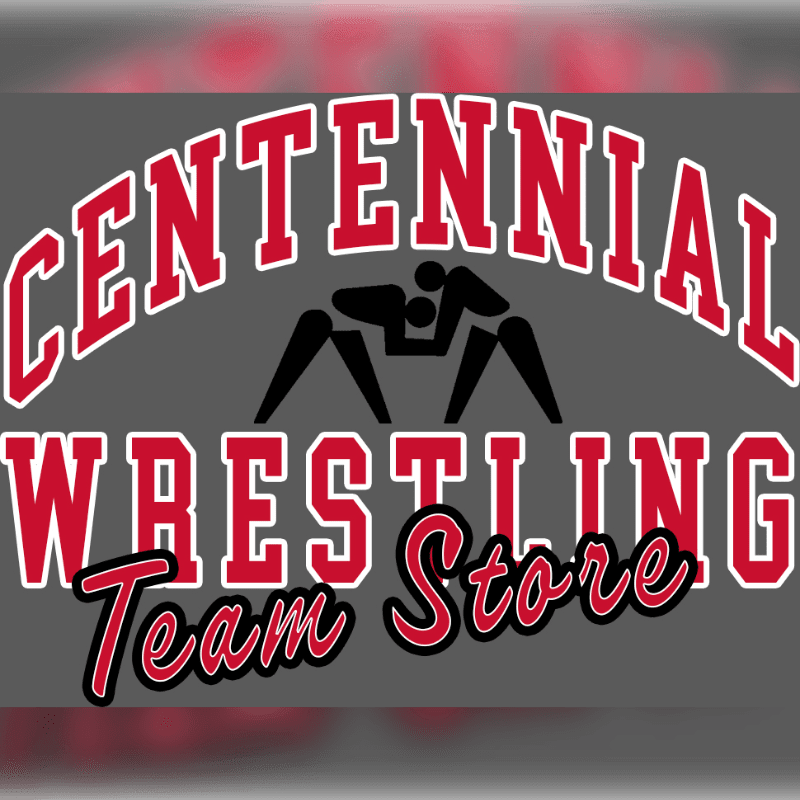 A wrestling logo with the words "CENTENNIAL WRESTLING Team Store" in red and white lettering against a gray background, featuring a silhouette of two wrestlers in the center.