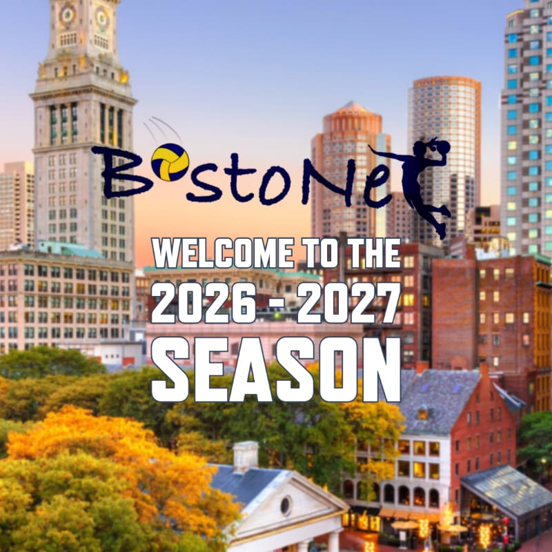 A graphic overlay announces "WELCOME TO THE 2026-2027 SEASON" in large white text over a vibrant cityscape of Boston with autumn foliage in the foreground.