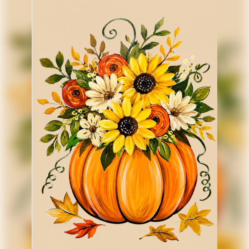 A vibrant pumpkin overflowing with sunflowers and autumnal flowers sits on a bed of fallen leaves against a soft, neutral background.