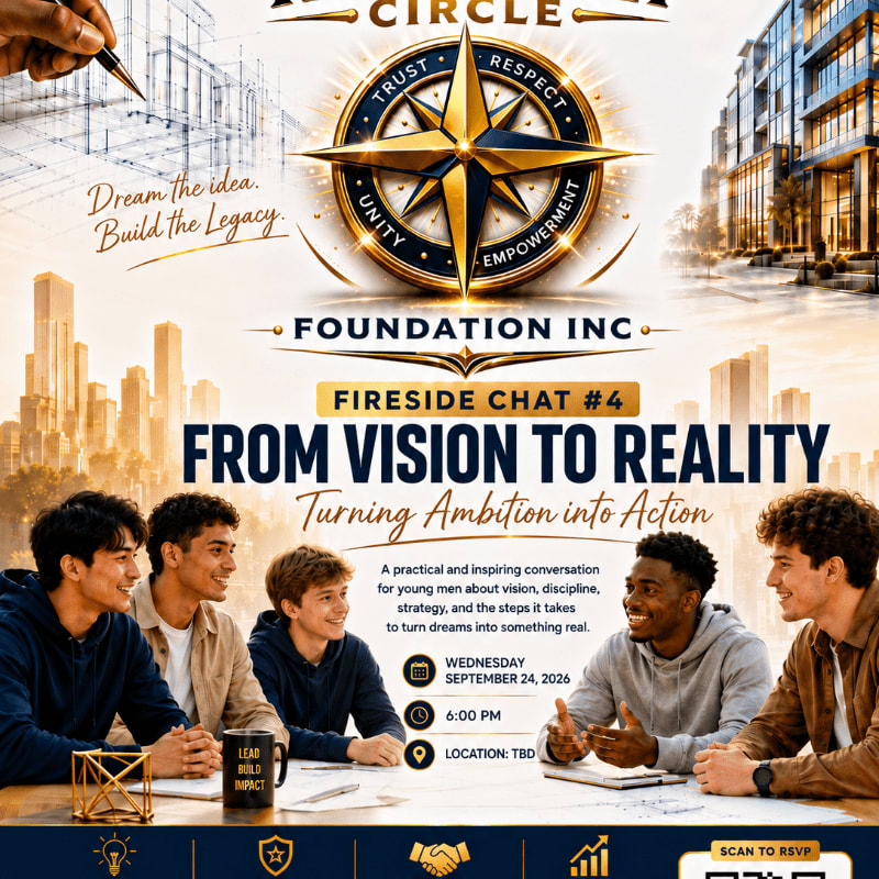 Five young men are engaged in a lively discussion around a table in the foreground, with a cityscape and architectural blueprints forming the background.