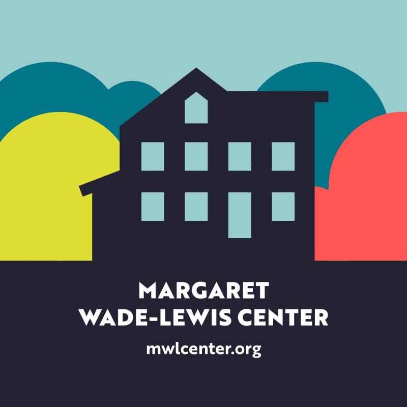 A dark silhouette of a building with light blue windows stands in the foreground against a background of colorful, abstract shapes representing trees and sky.