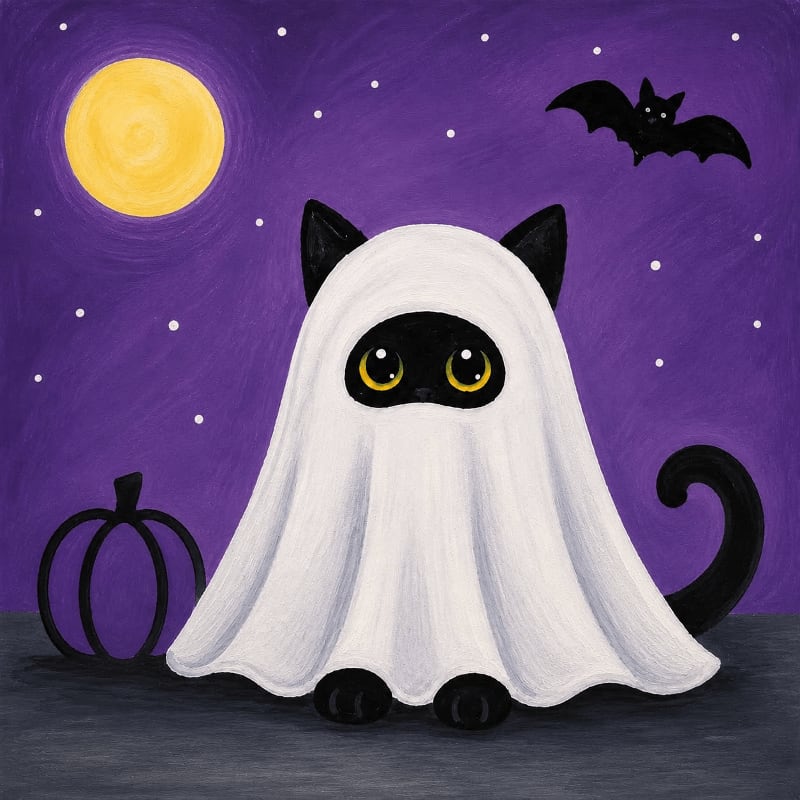 A black cat dressed as a ghost sits in front of a pumpkin, with a full moon and a bat in the starry purple night sky behind it.