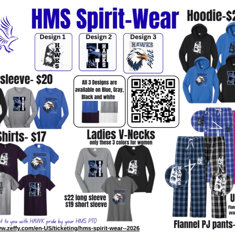 In the foreground, various spirit wear items like t-shirts, hoodies, and pajama pants are displayed with different hawk designs, while the background features the "HMS Spirit-Wear" title and product information.